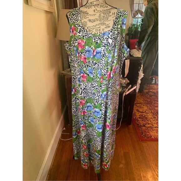 WOMEN'S CHOICES BLACK/WHITE/PINK/BLUE/GREEN FLORAL 100% Linen Dress - Picture 1 of 6